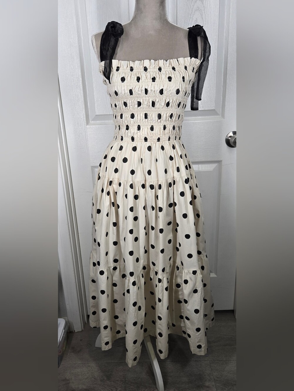 En Saison Polka Dot Smocked Tiered Maxi Dress Black Tulle Tie Shoulder Size S - Picture 3 of 14